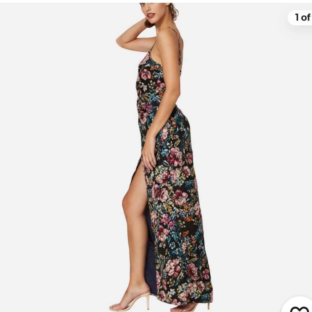 Amanda Uprichard Black Floral Maxi Slip Dress Size 6 Ruched Gown - Picture 2 of 7